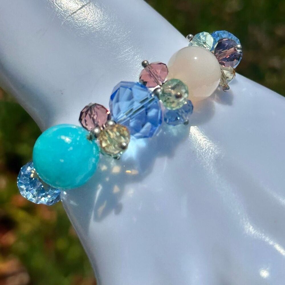 Colorful Glass Beaded Stretch Bracelet in Blue & Pastel Tones